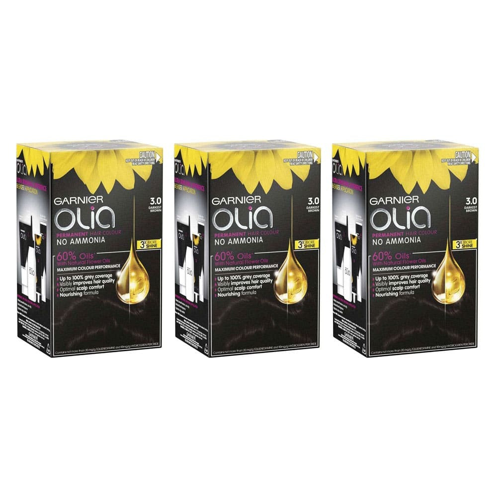 3x Garnier Olia Permanent Hair Colour 3.0 Darkest Brown slider