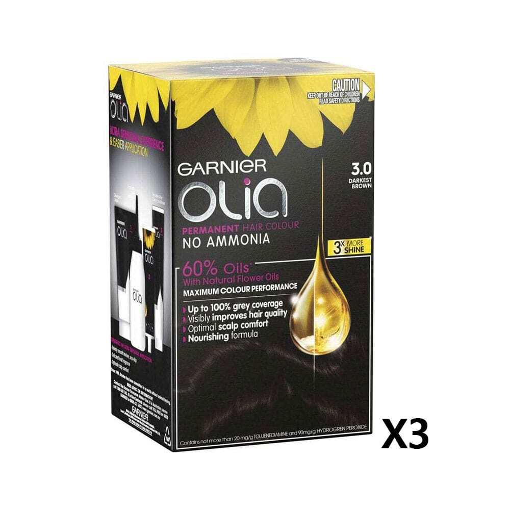 3x Garnier Olia Permanent Hair Colour 3.0 Darkest Brown slider