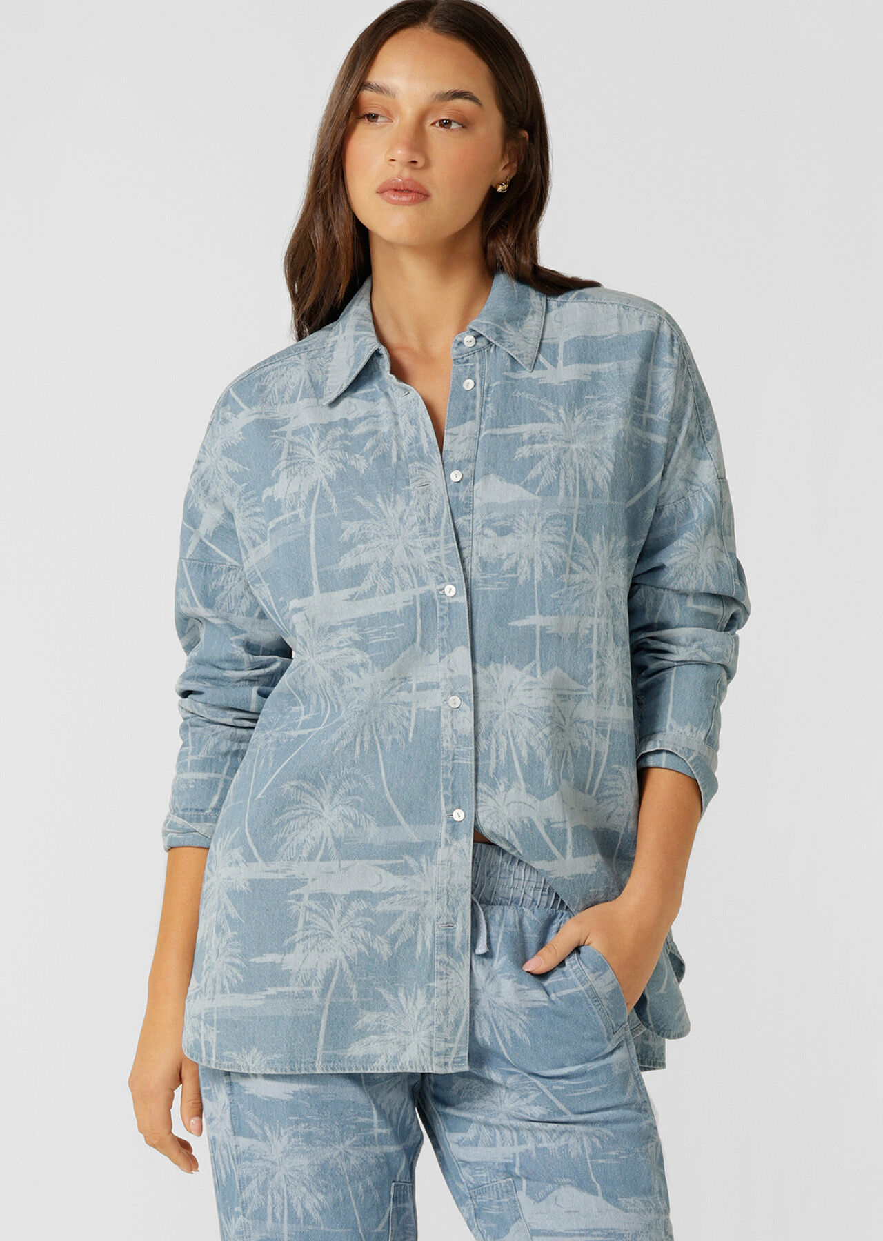 Aloha Denim Button Up Shirt - Aloha Blues Print slider