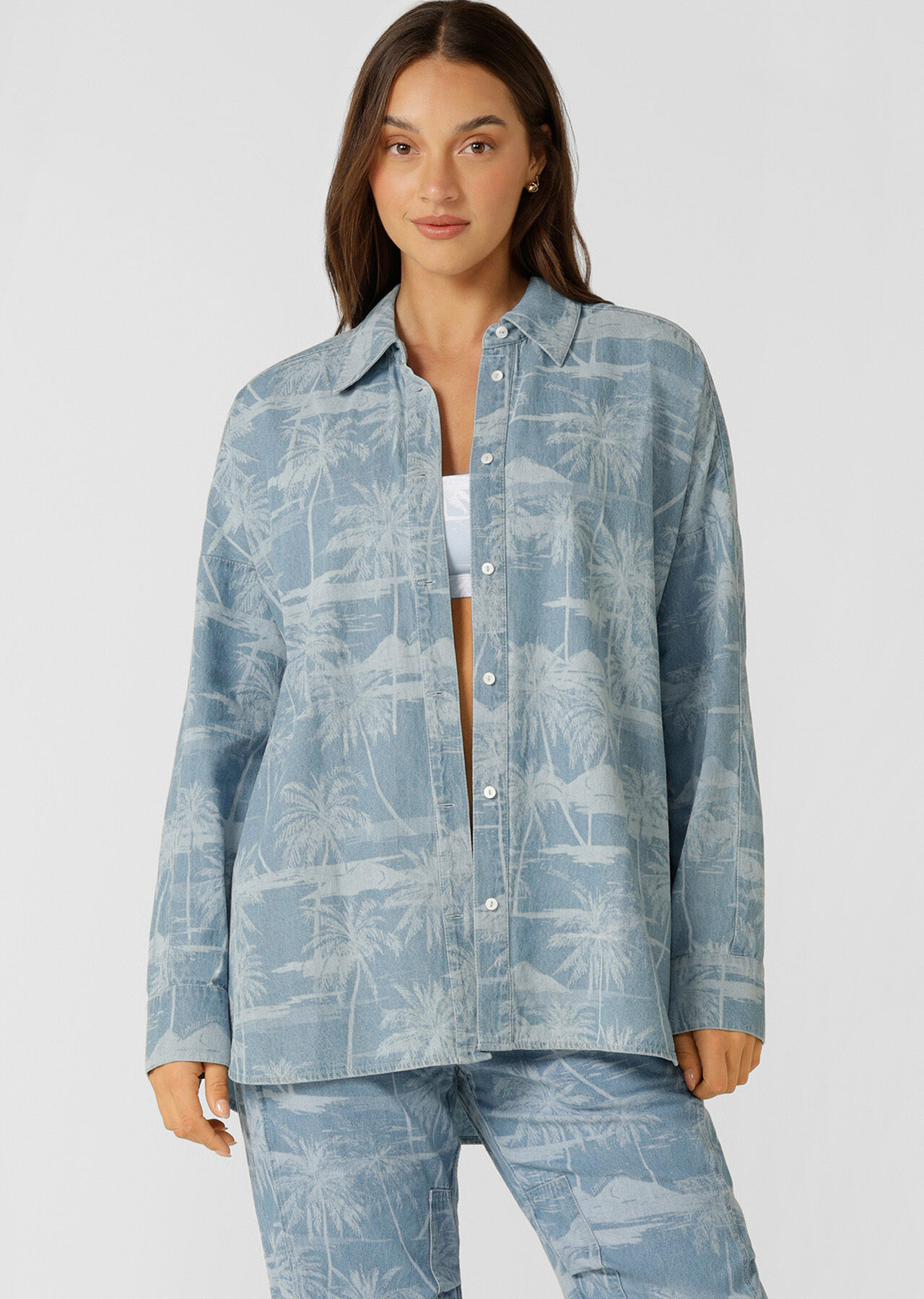 Aloha Denim Button Up Shirt - Aloha Blues Print slider