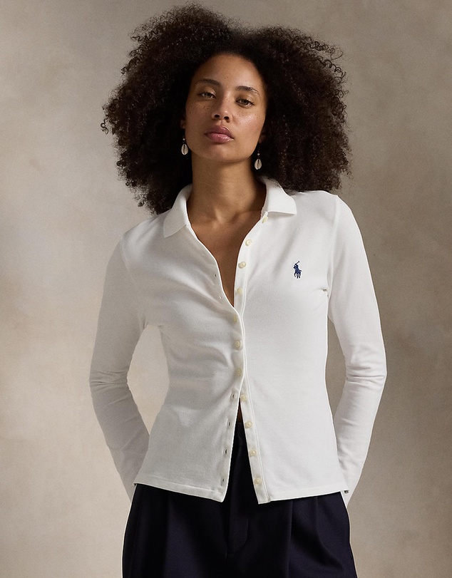 Buttoned-Placket Long-Sleeve Polo Shirt -ICONIC EXCLUSIVE - White