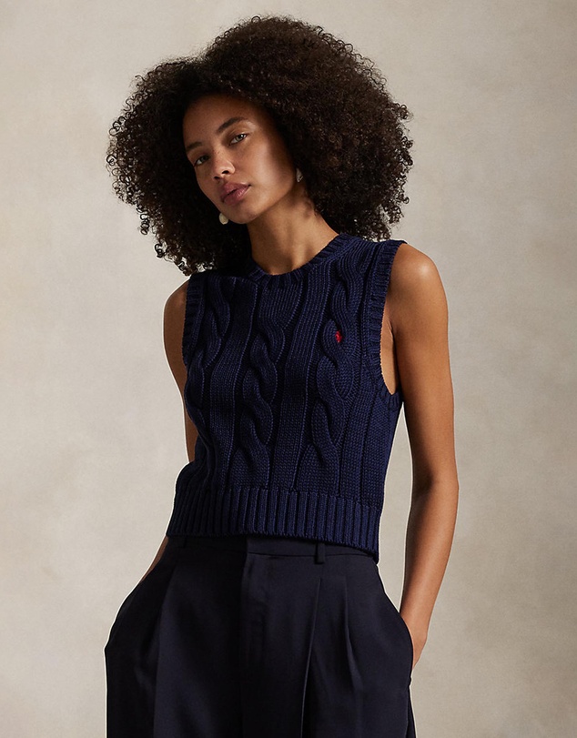 Cable-Knit Cotton Cropped Vest - Hunter Navy