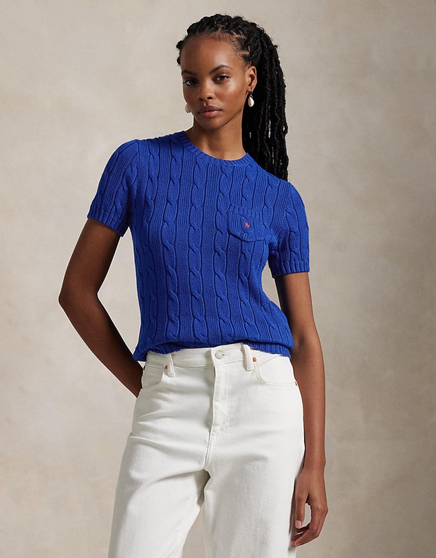 Cable-Knit Cotton Short-Sleeve Sweater - Blue Saturn