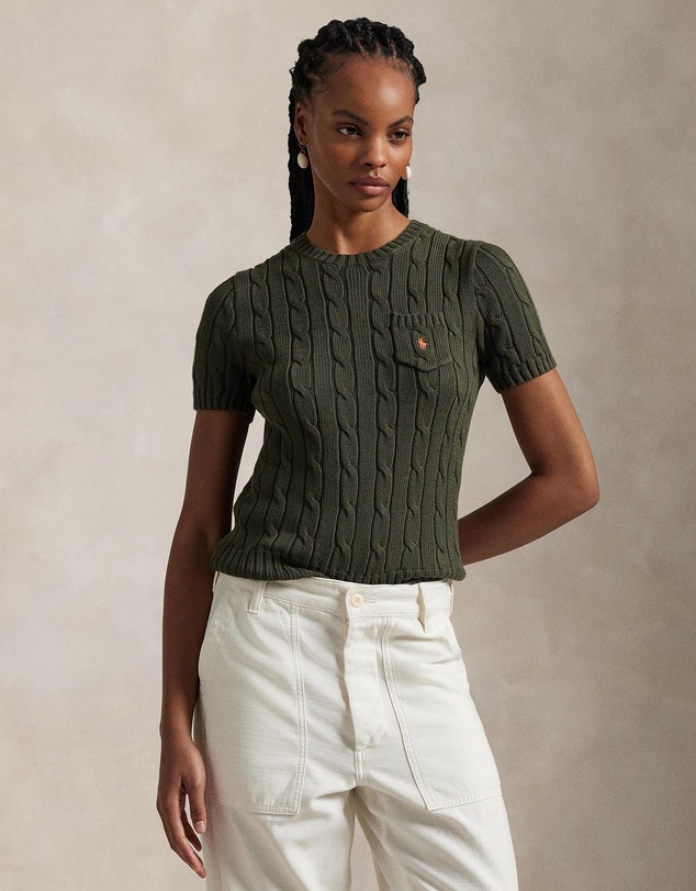 Cable-Knit Cotton Short-Sleeve Sweater - Canopy Olive