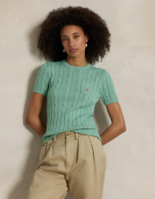 Cable-Knit Cotton Short-Sleeve Sweater - Celadon