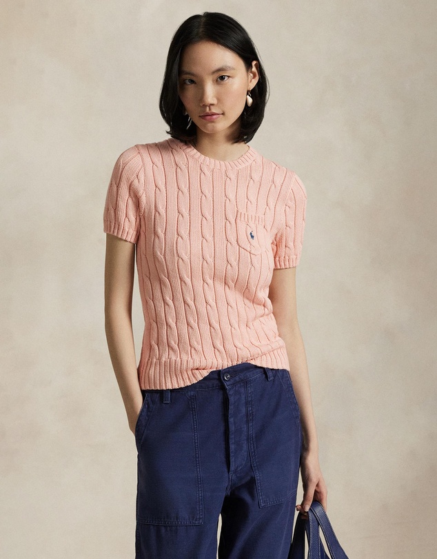 Cable-Knit Cotton Short-Sleeve Sweater - Pale Pink