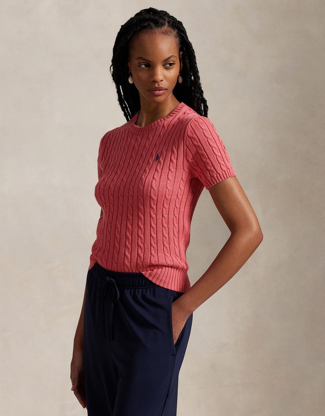 Cable-Knit Cotton Short-Sleeve Sweater - Red Sky