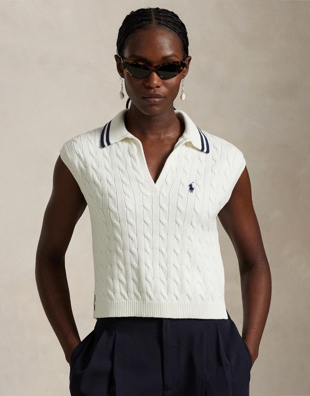 Cable-Knit Sleeveless Polo Shirt - Ceramic White