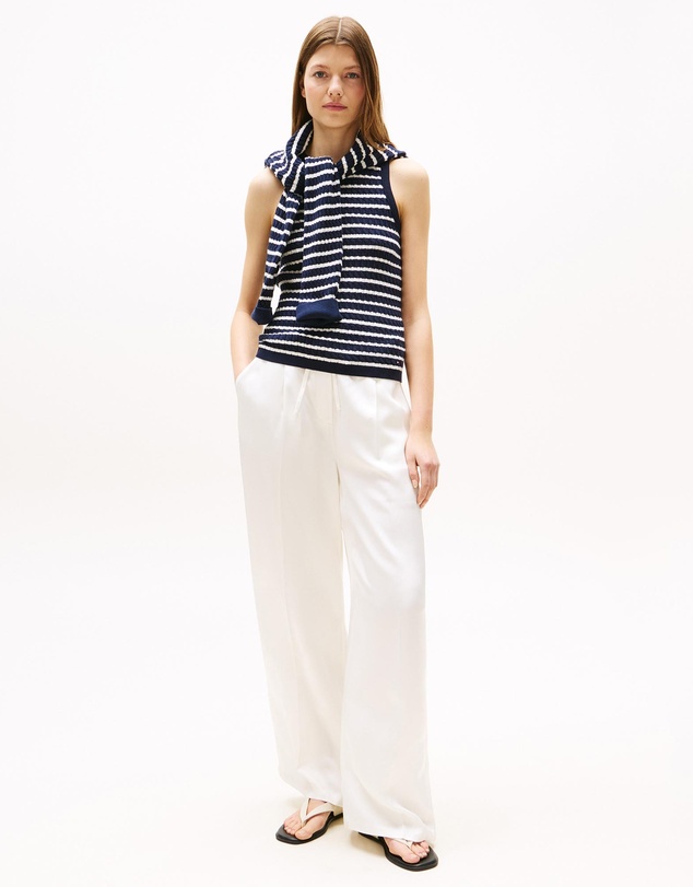 Cable Knit Sleeveless Slim Sweater - Dark Night Navy & Ivory Silk Stripe