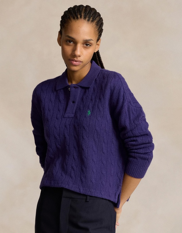Cable-Knit Wool-Cashmere Polo Shirt -ICONIC EXCLUSIVE - Wimbeldon Purple