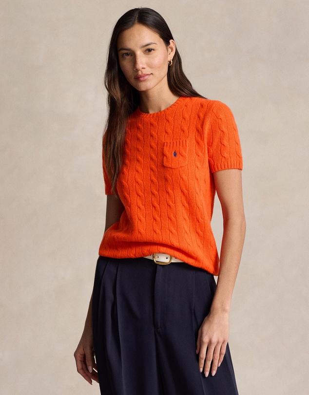 Cable Wool-Cashmere Short-Sleeve Sweater -ICONIC EXCLUSIVE - Dusk Orange