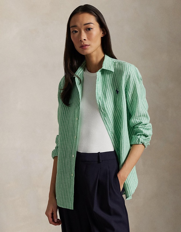 Classic Fit Striped Linen Shirt - 1818A Green & White