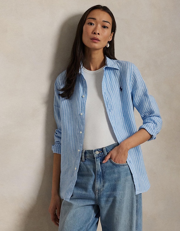 Classic Fit Striped Linen Shirt - 1818D Light Blue & White