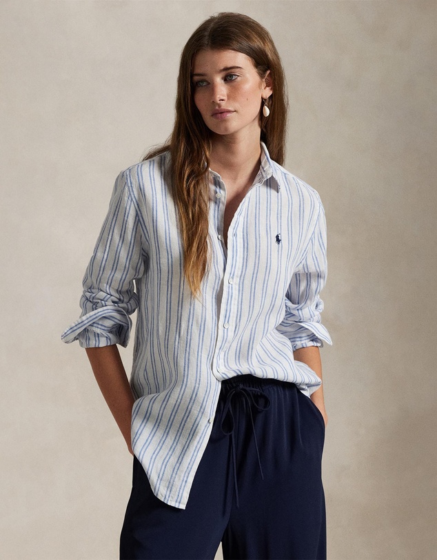 Classic Fit Striped Linen Shirt - 1879A White Pond Blue