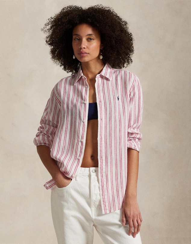 Classic Fit Striped Linen Shirt - 1879B White & Red