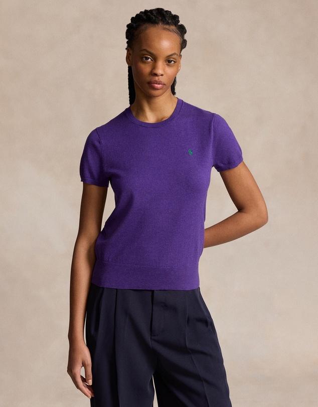 Cotton-Blend Short-Sleeve Sweater - Morgan Purple Heather