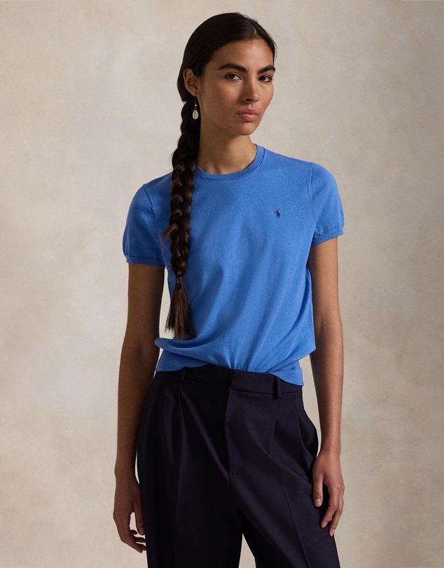 Cotton-Blend Short-Sleeve Sweater - Pond Blue