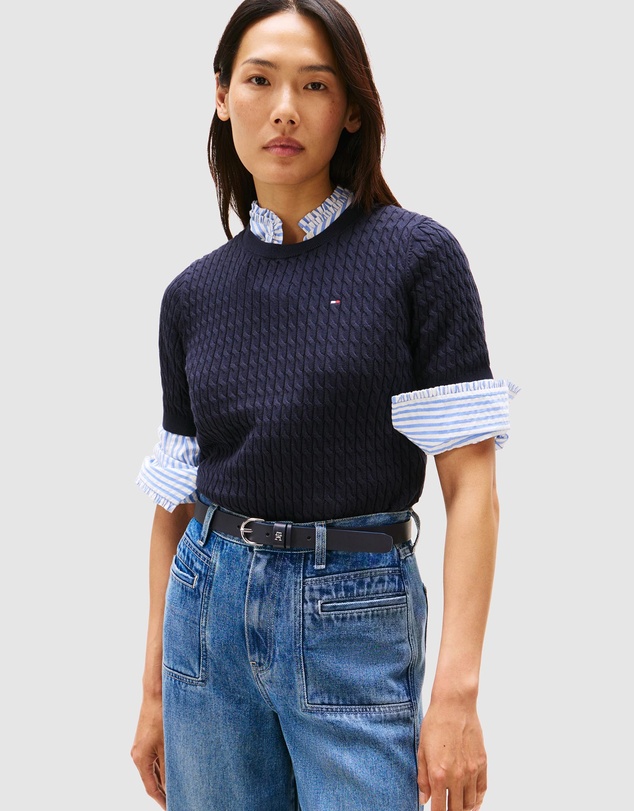 Cotton Cable Crew Neck Short Sleeve Sweater - Desert Sky