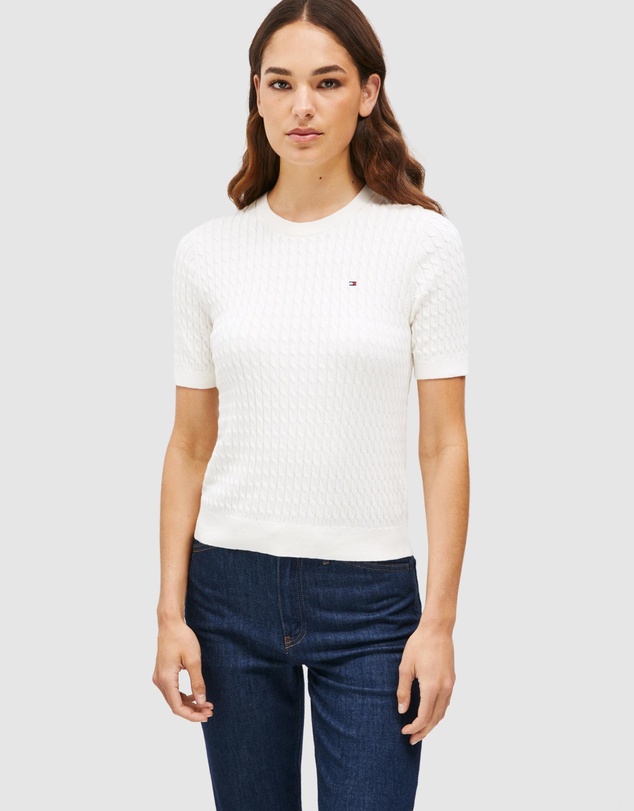 Cotton Cable Crew Neck Short Sleeve Sweater - Ivory Petal