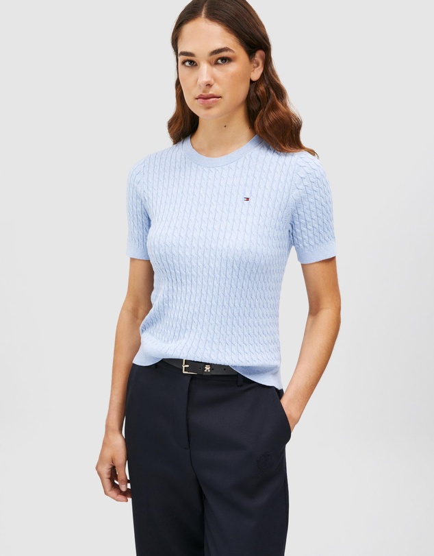 Cotton Cable Crew Neck SS Sweater - Vessel Blue Heather