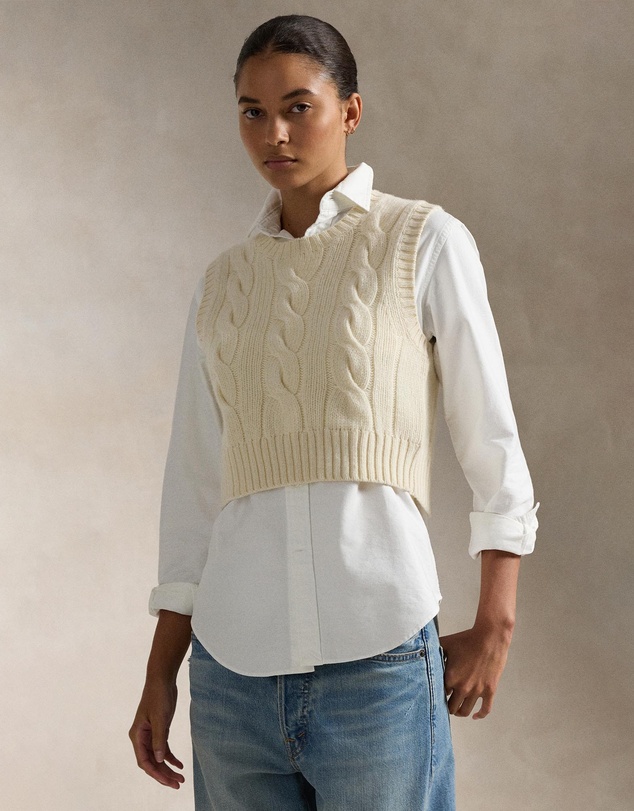 Cropped Cable Wool-Cashmere Sweater -ICONIC EXCLUSIVE - Deckwash White & Brill Sapphire