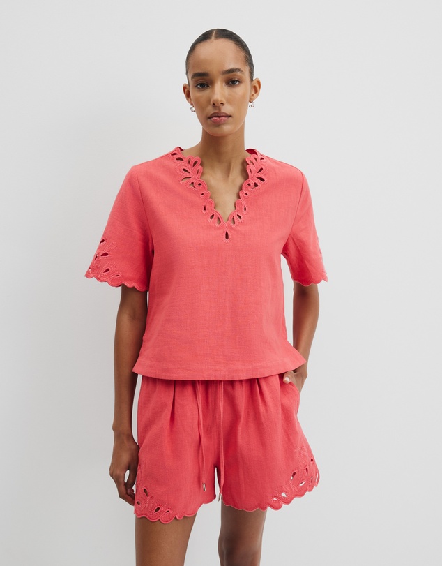 Cutwork Short Sleeve Popover - Cayenne