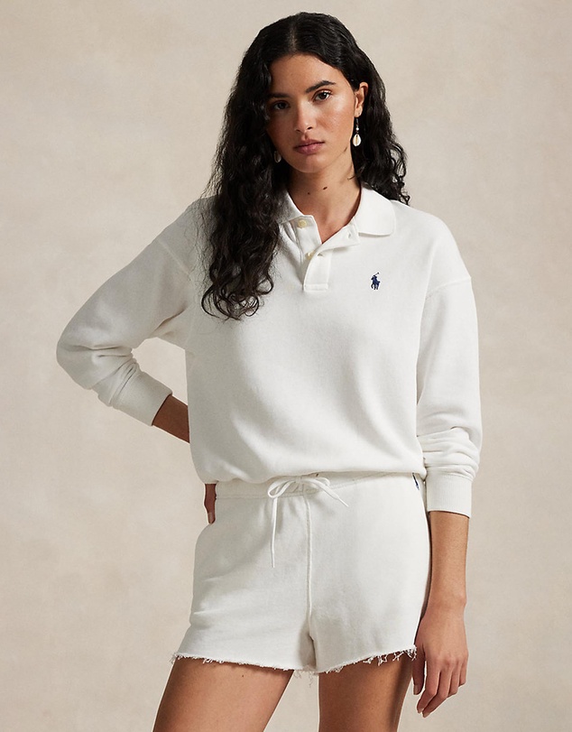 Lightweight Fleece Long-Sleeve Polo - White
