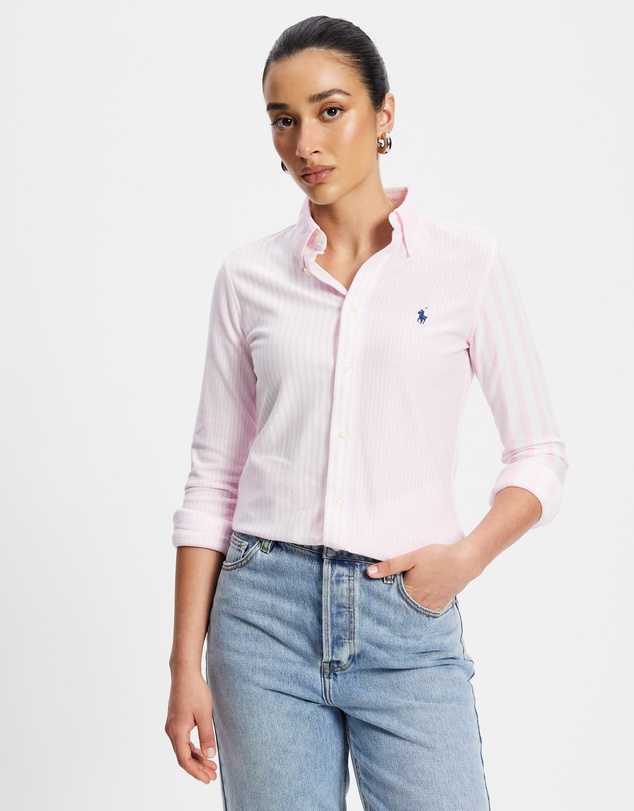 Long Sleeve Button Front Shirt - Carmel Pink & White