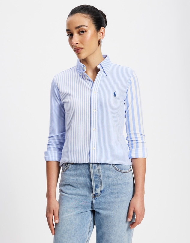 Long Sleeve Button Front Shirt - Harbor Island Blue/White
