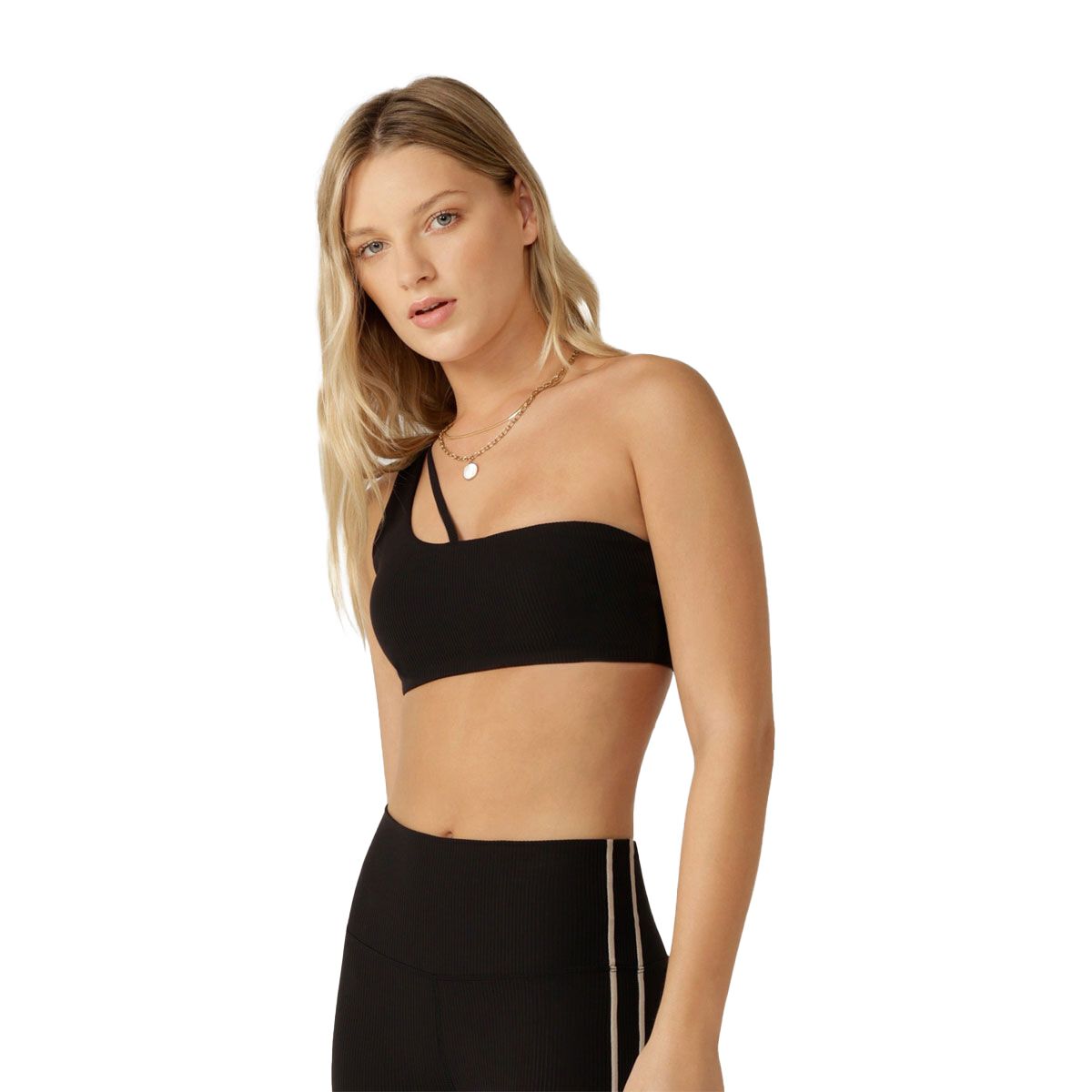 Lorna Jane Womens Second Nature Luxe Rib Asymetric Sports Bra - Black slider