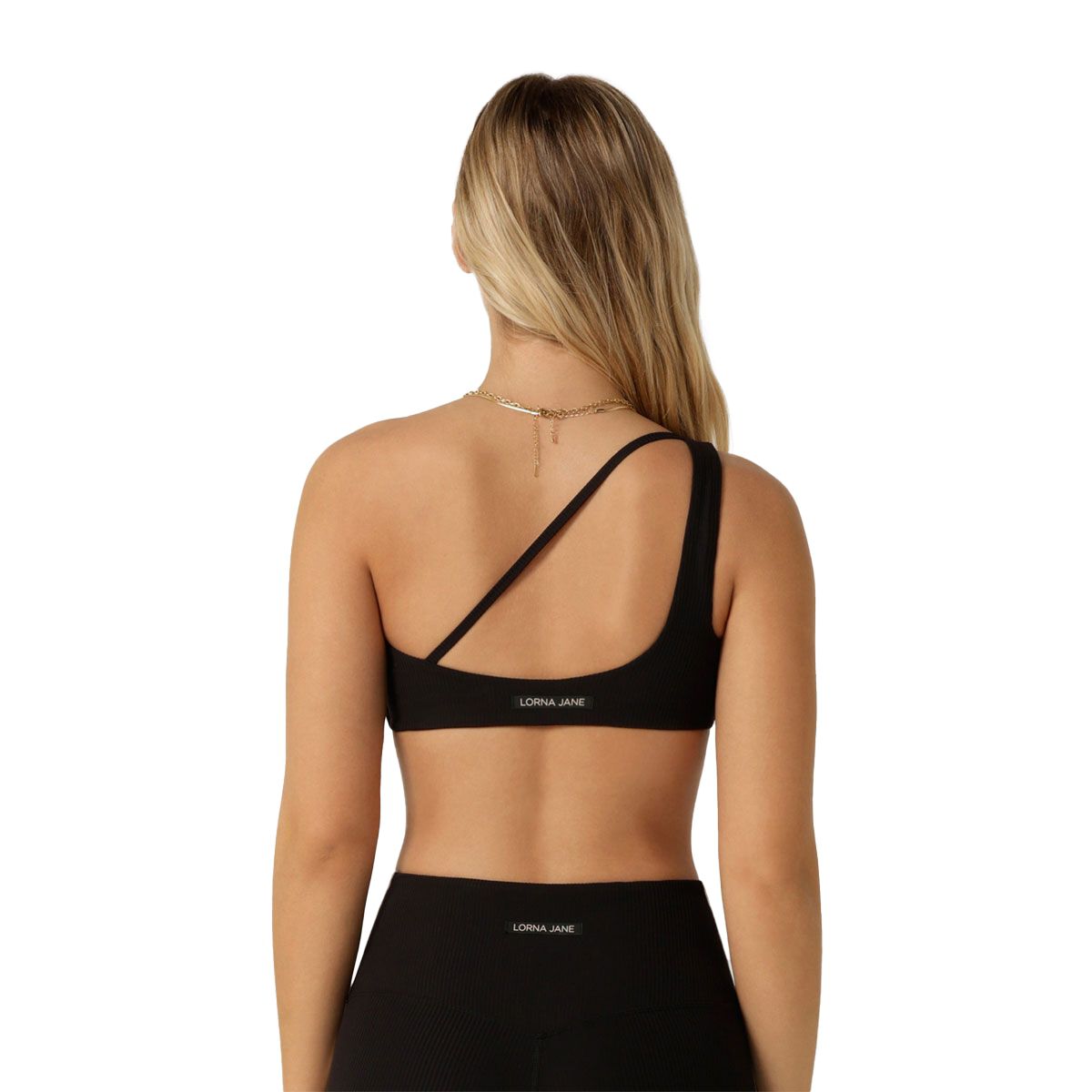 Lorna Jane Womens Second Nature Luxe Rib Asymetric Sports Bra - Black slider