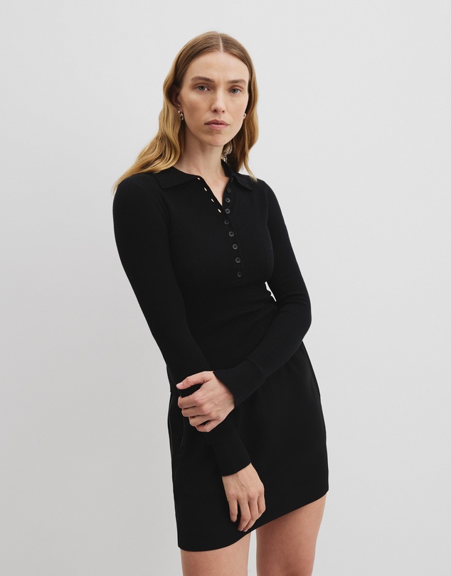 Merino Wool Silk Knit Henley - Black