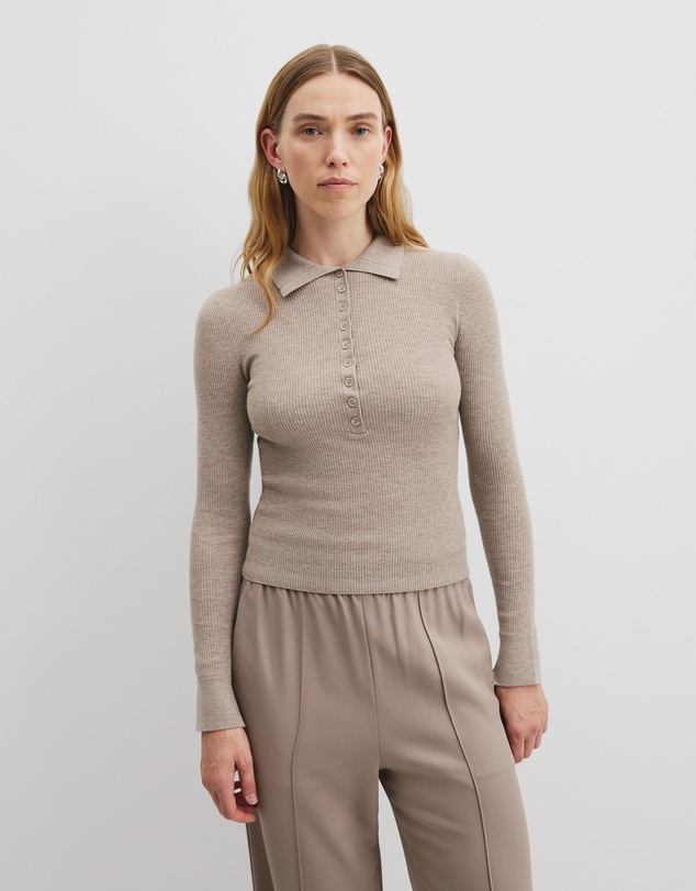 Merino Wool Silk Knit Henley - Taupe