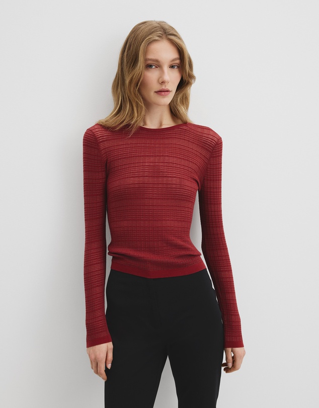 Mesh Long Sleeve Knit Top - Brick