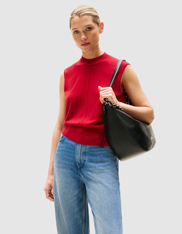 Mock Neck Sleeveless Top with Silk - Medium Red