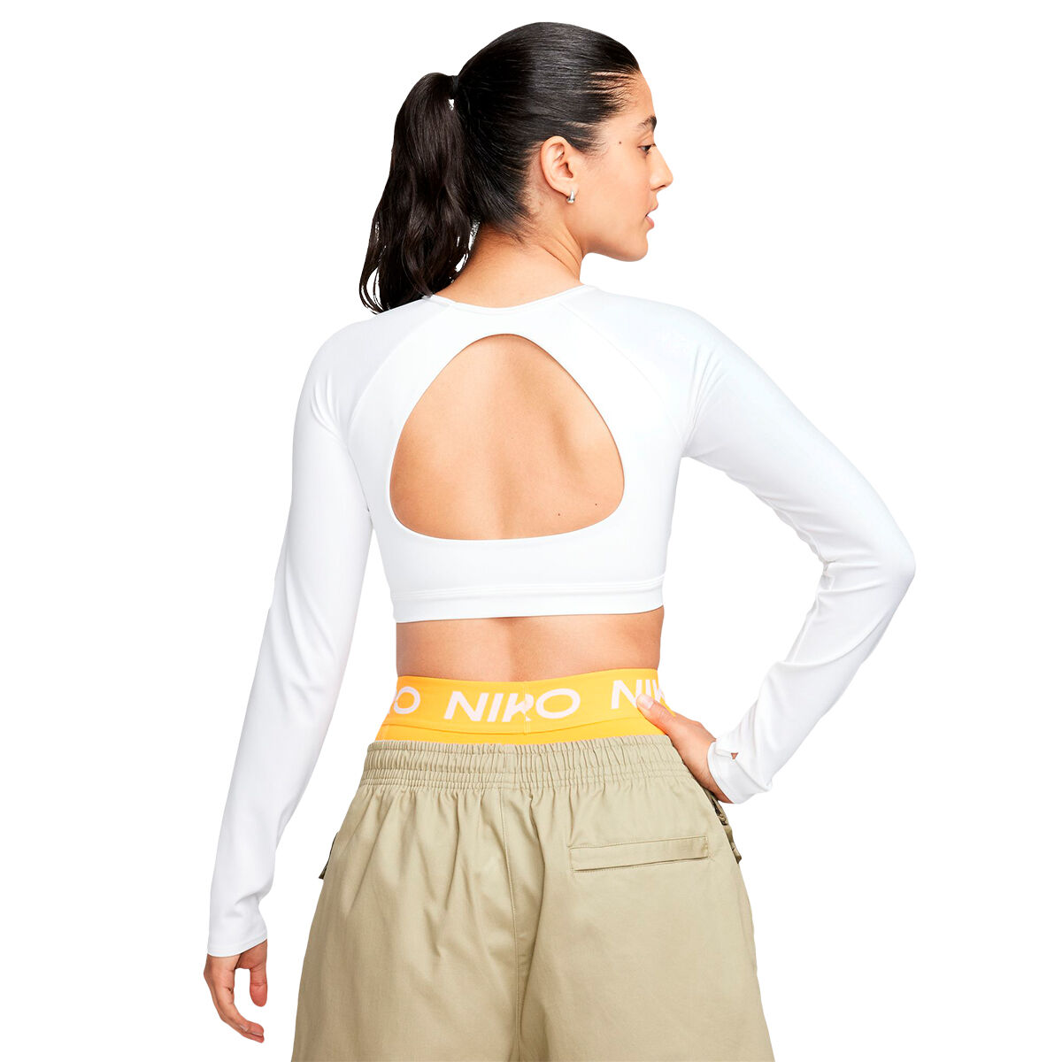 Nike Womens Dri-FIT Long Sleeve Cropped Sports Bra - White slider