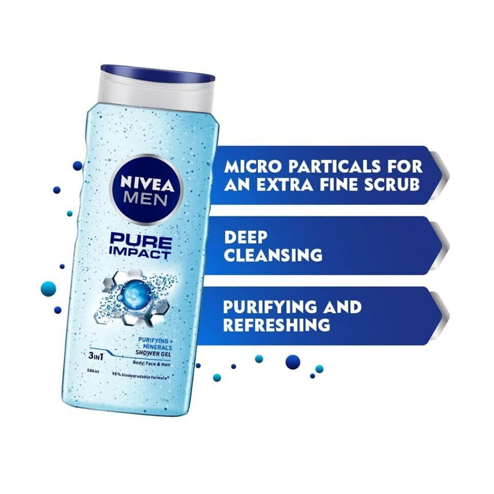 Nivea Men Shower Gel Pure Impact 3-In-1 Body Face & Hair Purifying + Minerals 500ml slider