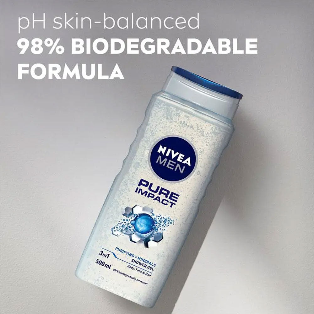 Nivea Men Shower Gel Pure Impact 3-In-1 Body Face & Hair Purifying + Minerals 500ml slider