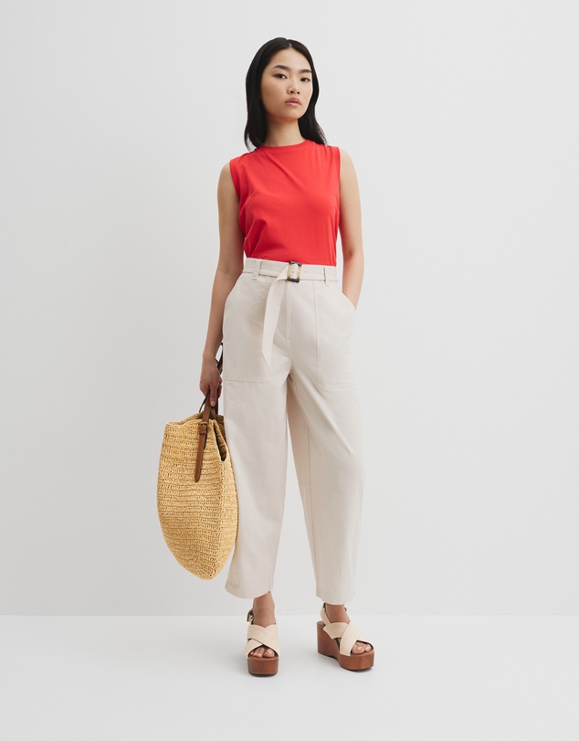 Organically Grown Cotton Belted Panel Pant - Tahini