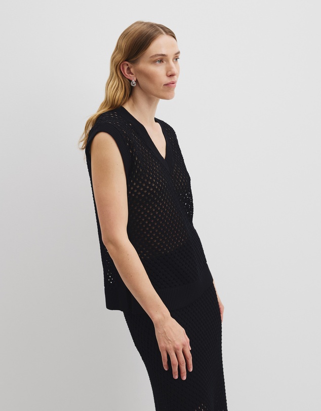 Organically Grown Cotton Linen Open Mesh Knit T-shirt - Black