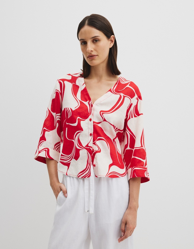Organically Grown Cotton Print 3/4 Sleeve Linen Shirt - Fiesta Swirl Geo