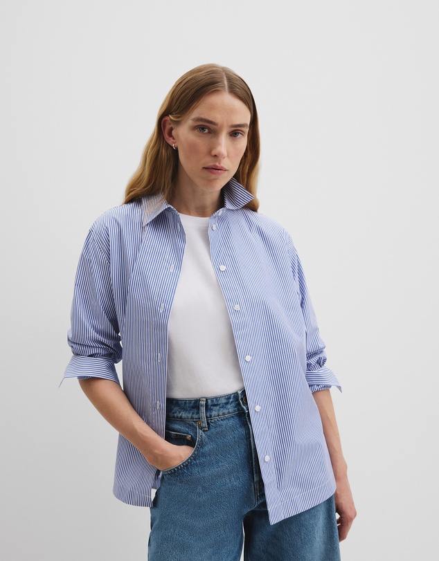 Organically Grown Cotton Stripe Poplin Shirt - Navy Stripe