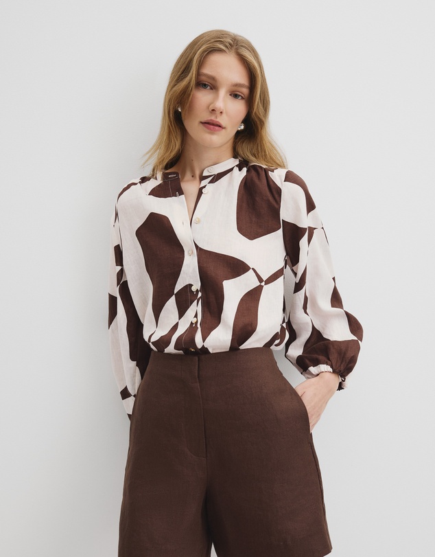 Organically Grown Linen Blouson Blouse - Cocoa Geo
