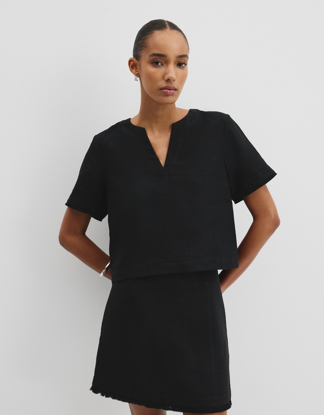 Organically Grown Linen Frayed Popover Top - Black