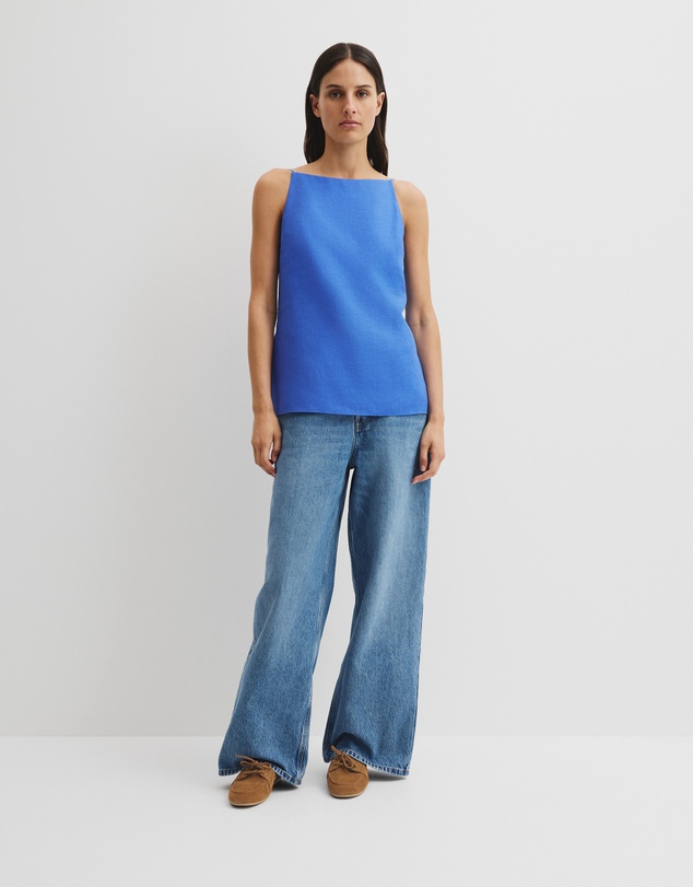 Organically Grown Linen Longline Cami - Riviera Blue