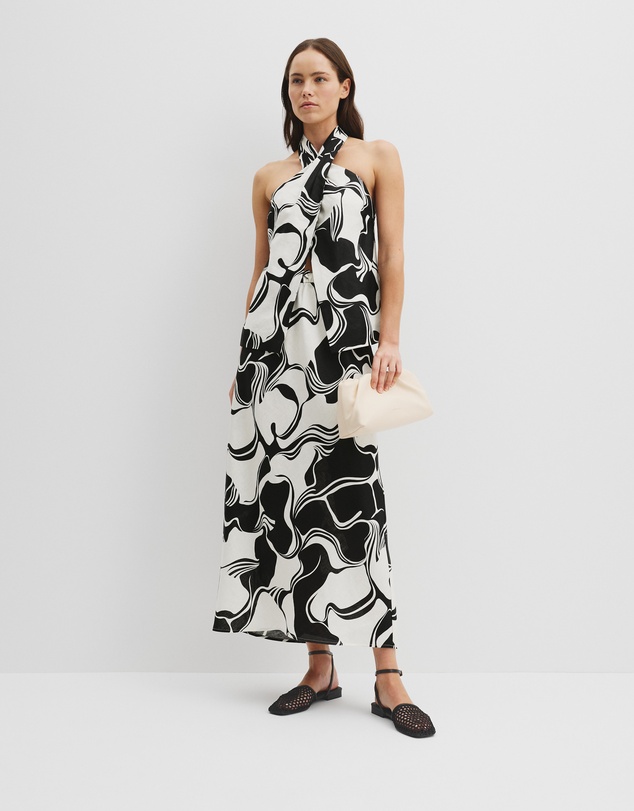 Organically Grown Linen Print Halter Top - Black Swirl Geo