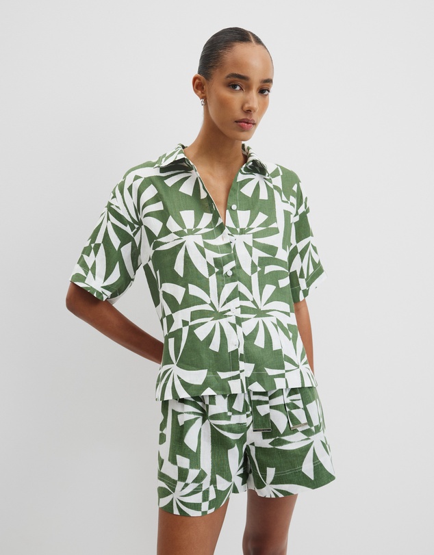 Organically Grown Linen Print Short Sleeve Shirt - Fern Palm Geo