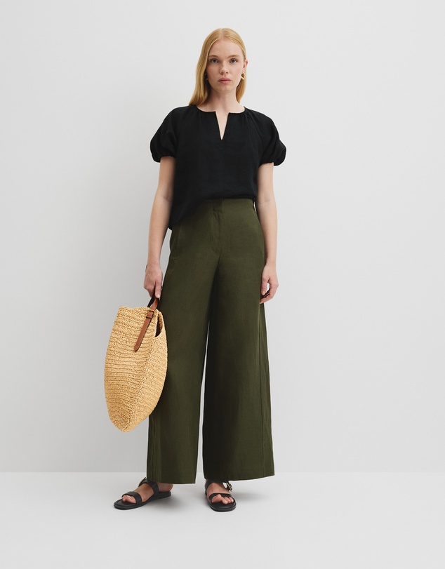 Organically Grown Linen Puff Sleeve Linen Top - Black