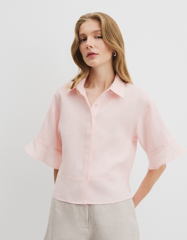 Organically Grown Linen Ruffle Detail Top - Ballet Pink