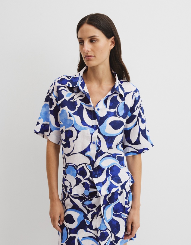 Organically Grown Linen Short Sleeve Print Shirt - Abstract Floral Print
